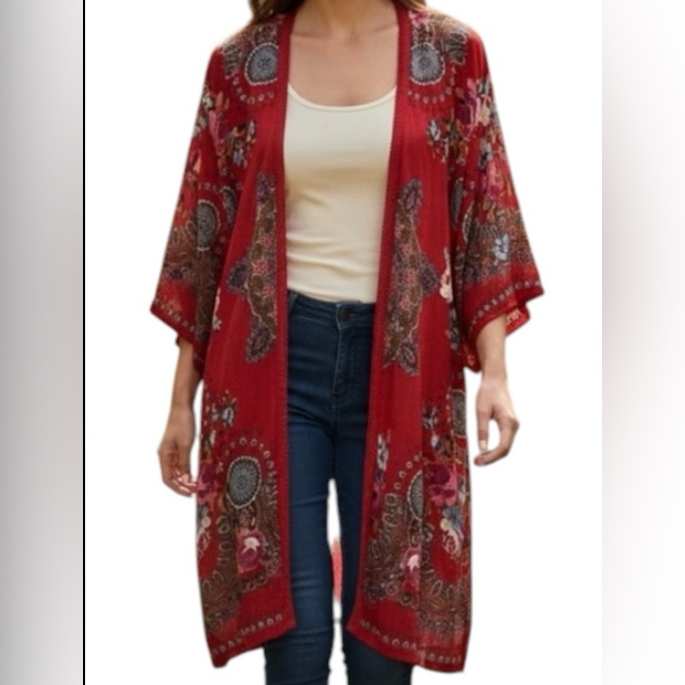 Bila Red Boho Floral Paisley Open Cardigan Kimono Midi XS/S